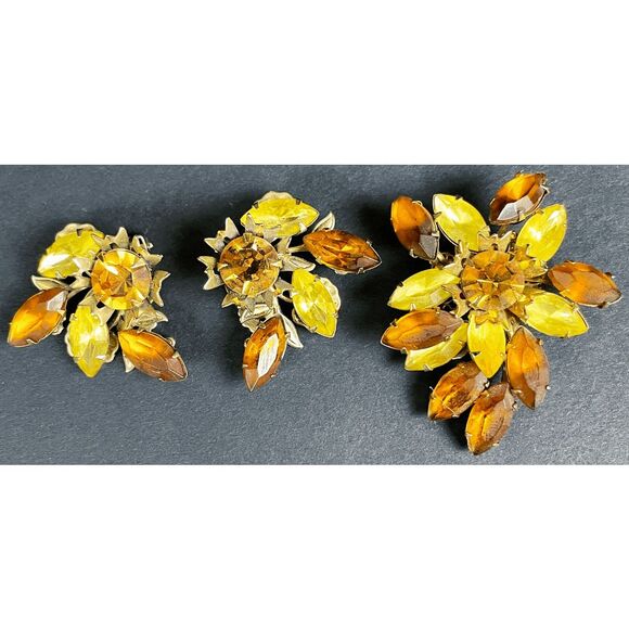 Demi Parure Vintage 50s Rhinestone Brooch & Clip-on Earrings Topaz - Picture 2 of 4
